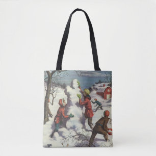 Tote Bag Noël vintage, bataille de boules de neige entre en