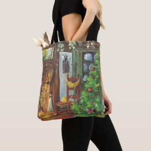 Tote Bag Noël vintage, chalet confortable avec cheminée