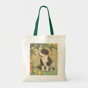 Tote Bag Noël vintage, chiot mignon sous l'arbre de Noël