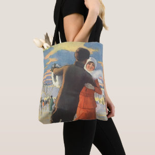 Tote Bag Noël vintage, couple romantique patinant à glace