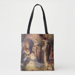 Tote Bag Noël vintage de la Nativité, 3 bergers et Jésus