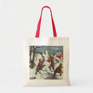 Tote Bag Noël vintage, enfants bataille de boules de neige