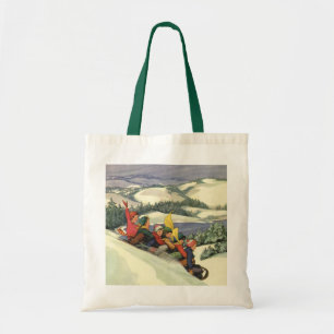 Tote Bag Noël vintage, enfants faisant de la luge sur une m