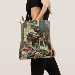 Tote Bag Noël vintage, famille heureuse emballant des cadea