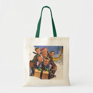 Tote Bag Noël vintage, famille heureuse faisant de la luge