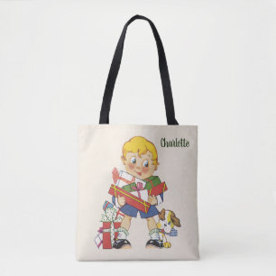 Tote Bag Noël Vintage, Garçon avec Cadeaux et Chiot