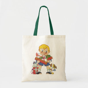 Tote Bag Noël vintage, garçon avec cadeaux et chiot