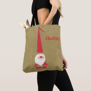 Tote Bag Noël vintage, joli gnome Père Noël sur fond doré