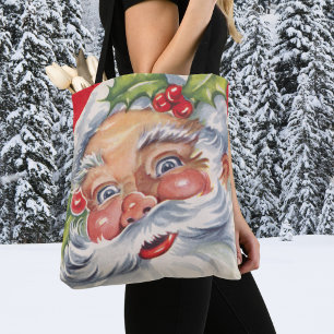 Tote Bag Noël Vintage, Jolly Père Noël avec son Casquette