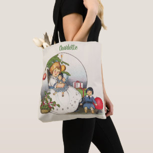 Tote Bag Noël vintage, Joyeuse fille jouant avec des poupée