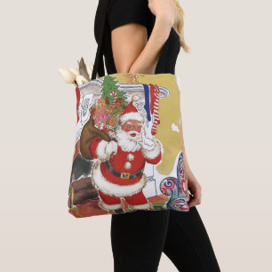 Tote Bag Noël vintage, joyeux Père Noël avec cadeaux