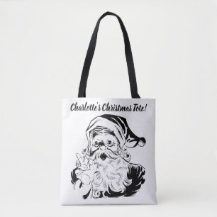Tote Bag Noël vintage, joyeux Père Noël rétro, noir