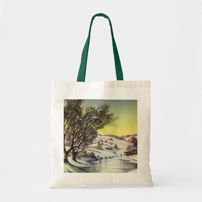 Tote Bag Noël vintage, lac gelé avec patineurs (Devant)