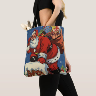 Tote Bag Noël vintage, le Père Noël descend dans la cheminé