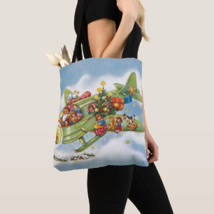 Tote Bag Noël vintage, le Père Noël pilotant un avion