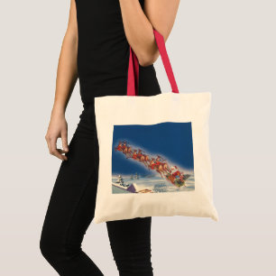 Tote Bag Noël vintage, le Père Noël volant avec son traînea