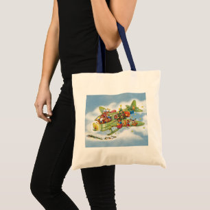 Tote Bag Noël vintage, le Père Noël vole un avion