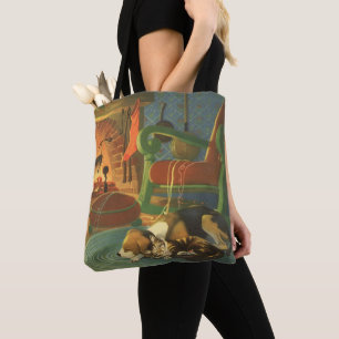 Tote Bag Noël Vintage, Les animaux dormant par cheminée