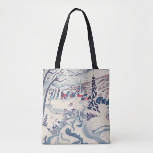 Tote Bag Noël vintage, paysage hivernal de village enneigé