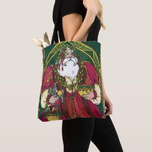 Tote Bag Noël vintage, Père Noël avec feuilles de houx