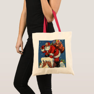 Tote Bag Noël vintage, Père Noël descendant la cheminée ave