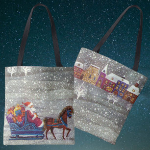Tote Bag Noël vintage, Père Noël et traîneau tiré par un ch