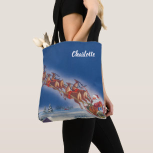 Tote Bag Noël Vintage, Père Noël Flying Sleigh w Reindeer