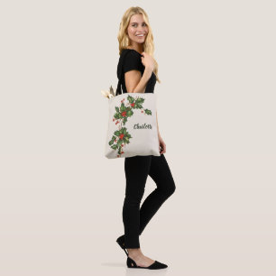 Tote Bag Noël vintage, plante de houx avec des baies rouges