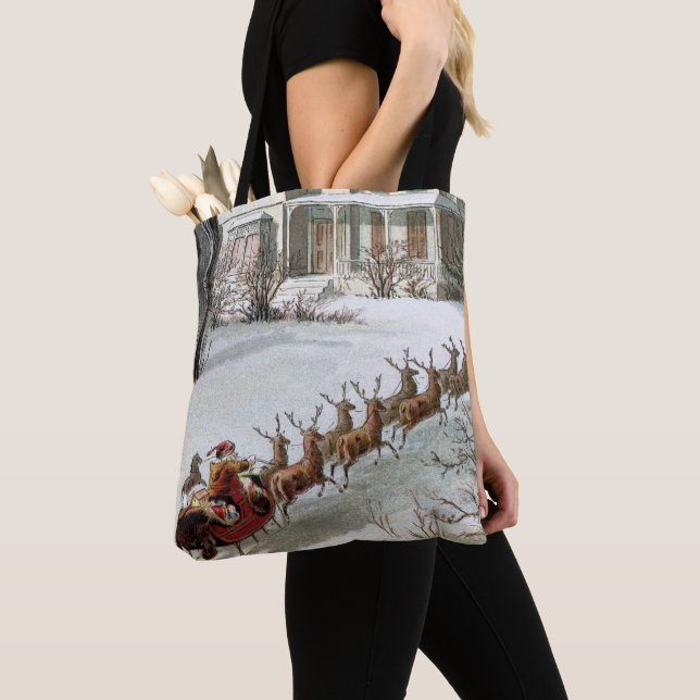 Tote Bag Noël vintage, Saint Nicolas avec renne (De près)