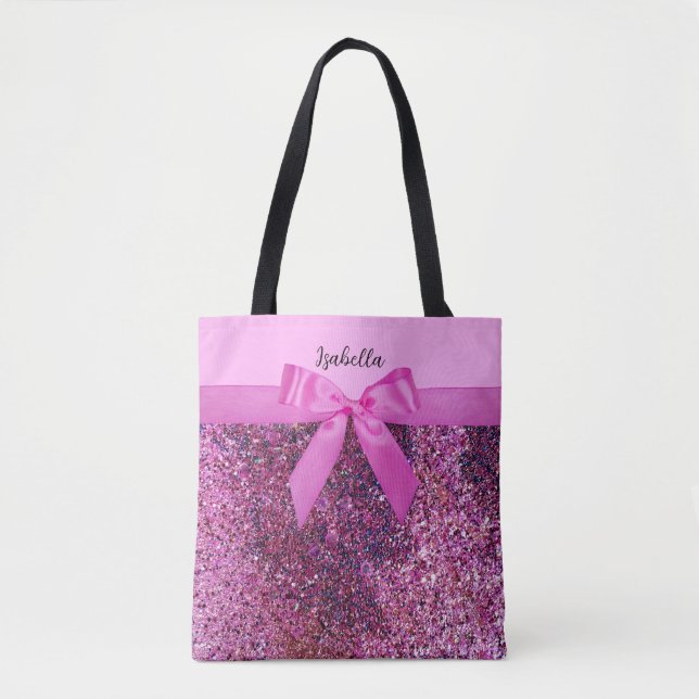 Tote Bag Nœud Coquette & Nom en écriture scintillant rose v (Devant)