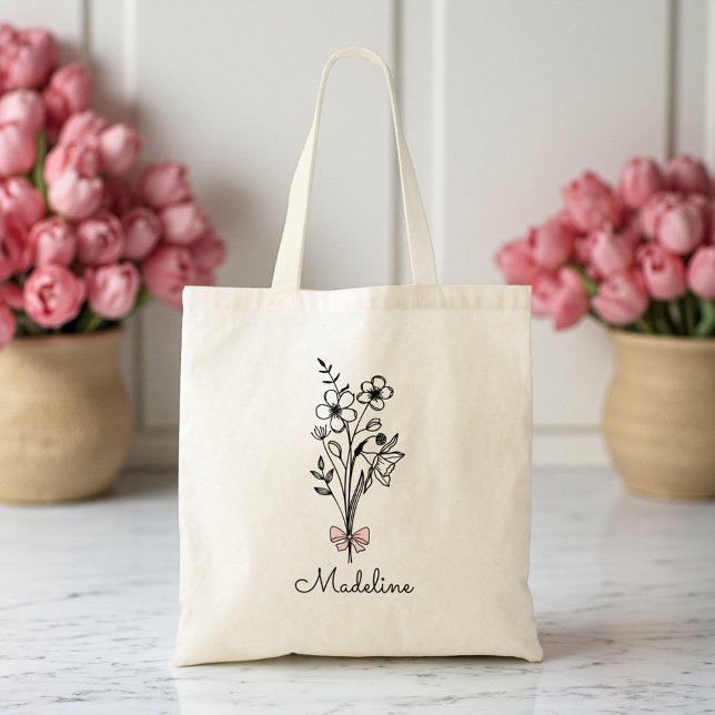 Tote Bag Nœud floral personnalisé rose pour demoiselle d'ho (Créateur téléchargé)