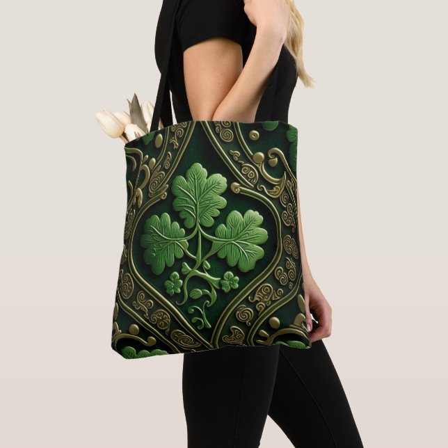 TOTE BAG NOEUDS CELTIQUES IRLANDAIS VERTS ET OR (De près)