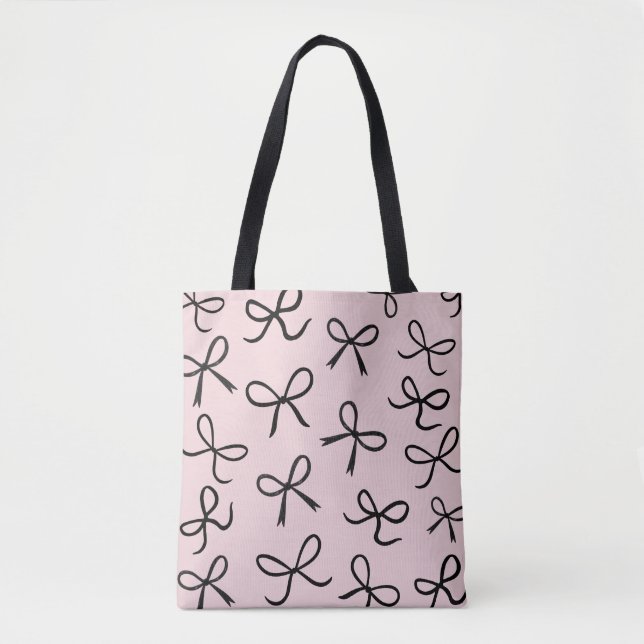 Tote Bag Nœuds Noirs Mignons et Tendance Rose (Devant)