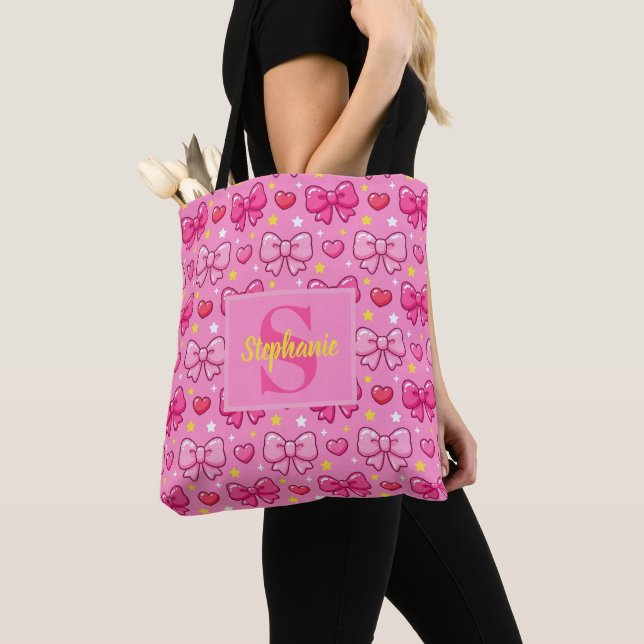 Tote Bag Nœuds Rose Fille Kawaii Mignons Personnalisés Mono (De près)