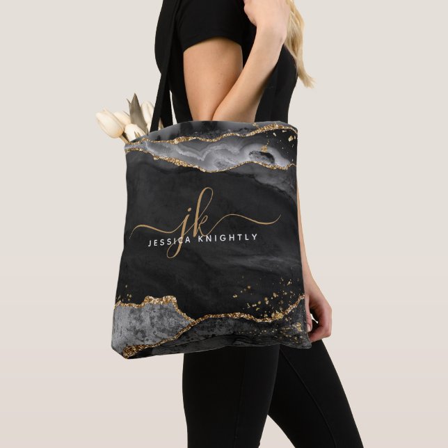 Tote Bag Noir Agate Script Monogramme Parties scintillant o (De près)