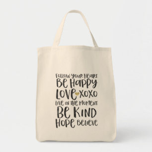 Tote Bag Noir Aquarelle Mots Inspirationnels Gold Heart