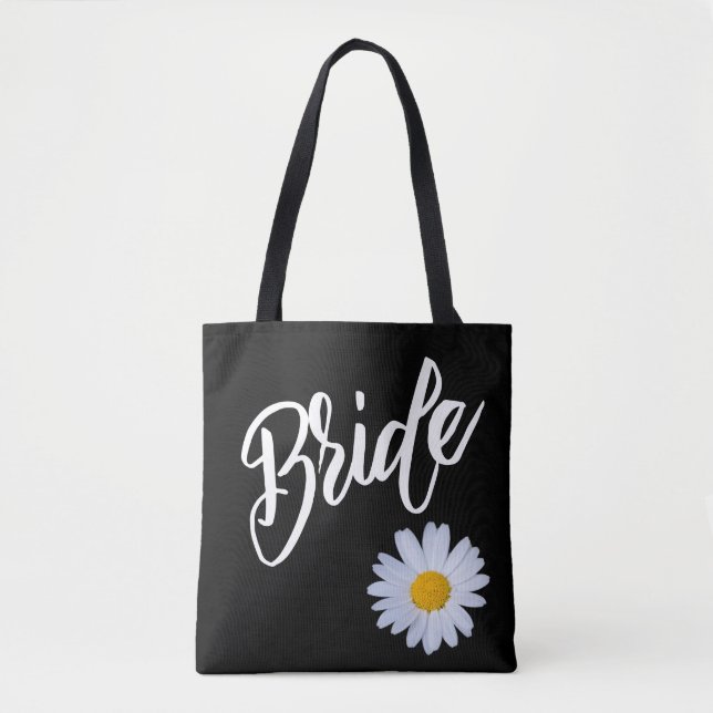 Tote Bag Noir avec mariée de marguerite blanche (Devant)