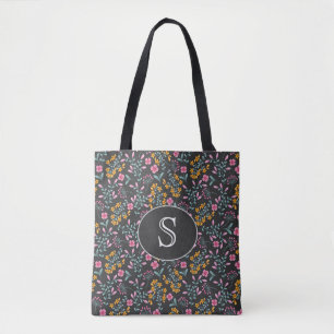 Tote Bag Noir avec Monogramme floral rose et jaune