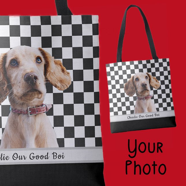Tote Bag Noir Blanc À damiers Nom de la photo personnalisée (Créateur téléchargé)