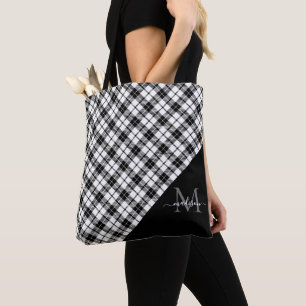 Tote Bag Noir Blanc Buffalo Check Plaid Élégant Monogramme