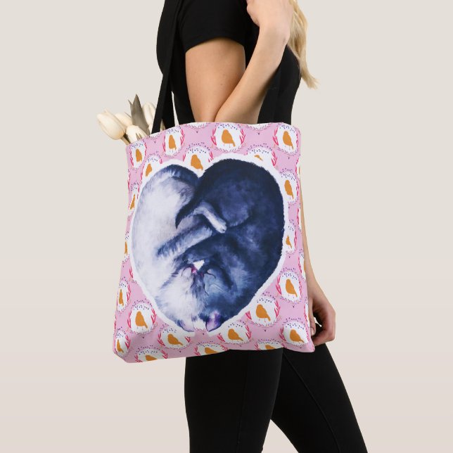 Tote Bag Noir Blanc Chat Aimer Oiseau Aquarelle (De près)