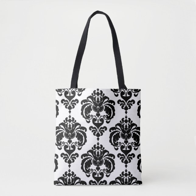 Tote Bag Noir & Blanc Damask Chic Moderne Motif élégant (Devant)