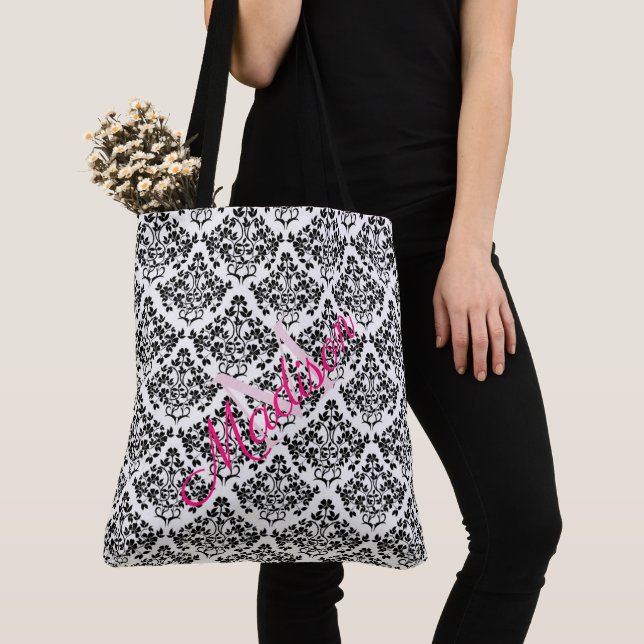Tote Bag Noir Blanc Damask Trendy mignon Fille Nom Monogram (De près)