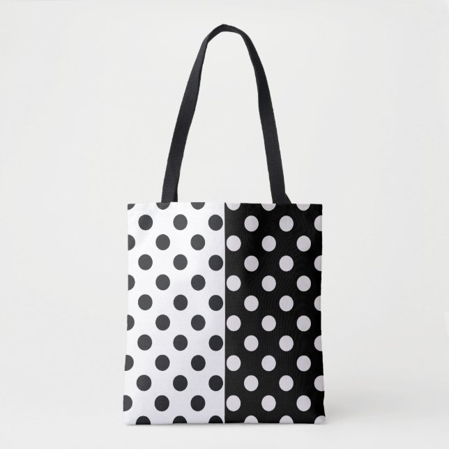 Tote Bag Noir Blanc demi-couleur fractionné en Pois Inverse (Devant)