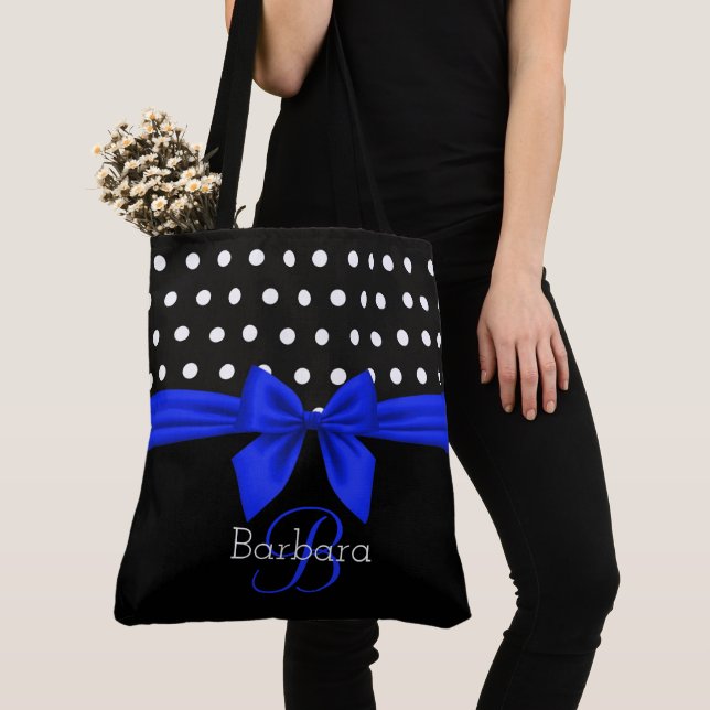 Tote Bag Noir Blanc Monogramme Pois moderne (De près)