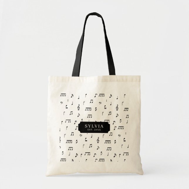 Tote Bag Noir & blanc Notes musicales Symbole Nom du Motif (Devant)