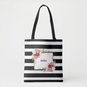 Tote Bag Noir Blanc rayé Floral Or   Personnalisé