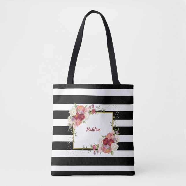 Tote Bag Noir Blanc rayé Floral Or | Personnalisé (Devant)