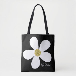 Tote Bag Noir Blanc Simple Daisy Or Personnel