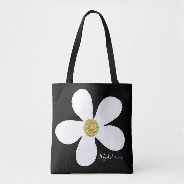 Tote Bag Noir Blanc Simple Daisy Or Personnel (Devant)